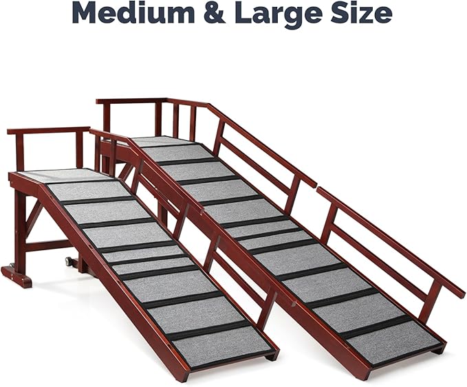 Dog Ramp for Bed or Couch, Wooden Pet Ramp with 20° Gentle Slope, Removable Side Rails, Non-Slip Surface, Top Platform & Wheels, Safe Bed Ramp for Small, Medium & Senior Dogs, 74" Long, Mahogany