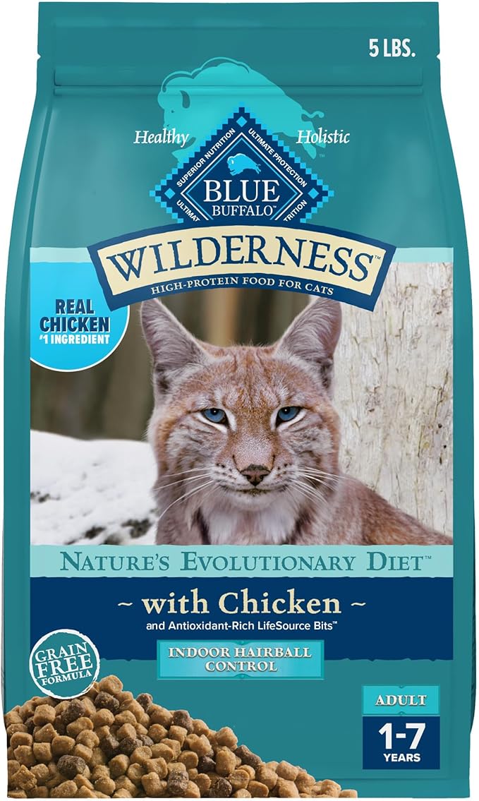 Blue Buffalo Wilderness High Protein Indoor Hairball Control Chicken Dry Cat Food for Adult Cats, Grain-Free, 5 lb. Bag