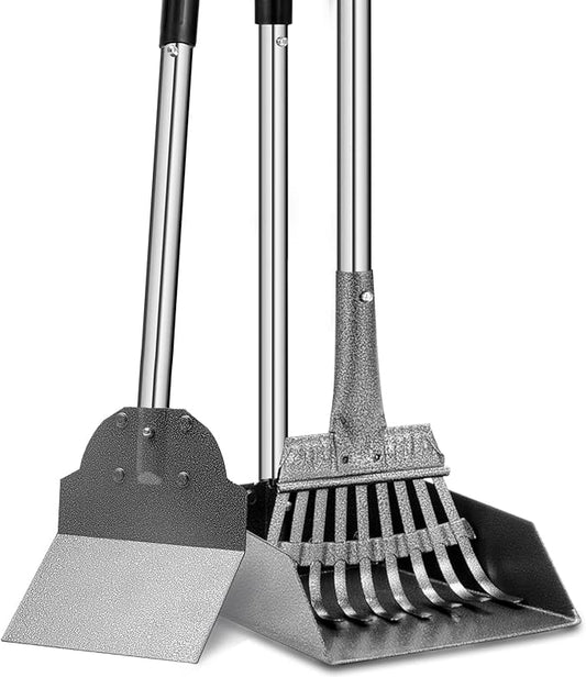 Dog Pooper Scooper, Tray Rake and Spade 3 Pack Poop Scoop Adjustable Long Handle Metal with Bin for Pet Waste Removal, No Bending Clean Up for Large and Small Dogs