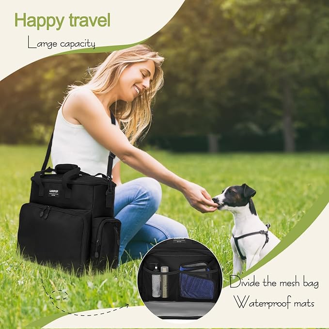 Dog Travel Bag,Weekend Pet Travel Bag Set for Dog and Cat,Airline Approved Tote Multi-Function Dog Bags for Traveling,Include 2 Collapsible Bowls,2 Food Storage Containers,1 Feeding Mat,Black