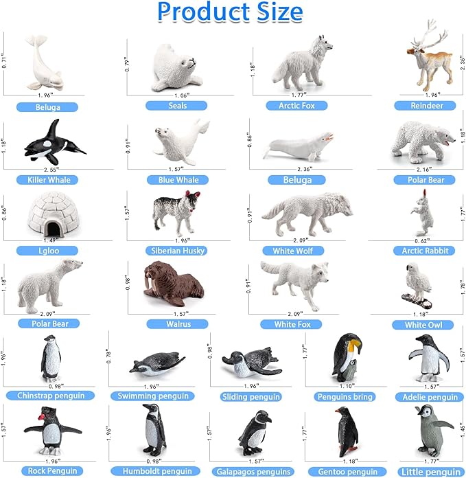 26Pcs Arctic Animal Figures - Polar Animal Toys Figurines with Penguins Arctic Fox Wolf Polar Bear Reindeer - Miniature Toys Cake Topper Christmas Birthday Gift for Kids & Toddlers