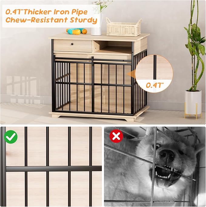 35.5" Dog Crate Furniture, Wooden Dog Crate Furniture for Medium Small Dogs, Wooden Dog Kennel End Table with Drawer and Open Shelves, Sliding Door Dog Kennel Furniture