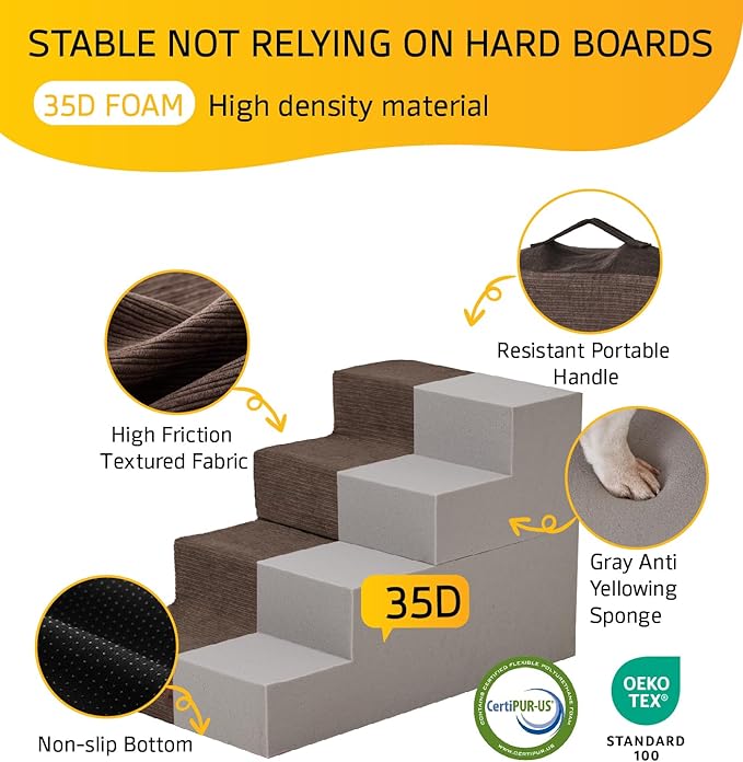 Dog Stairs for Bed, Dog Steps for Bed Couch Sofa, 35D Foam Pet Steps for Small Dogs and Cats, Extra Wide Pet Stairs with Non-Slip Bottom Brown, 3 Steps