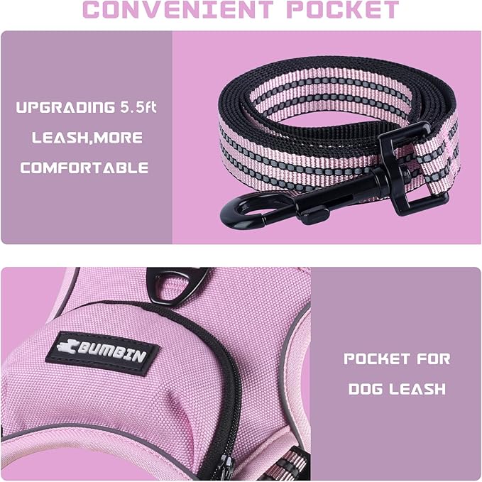 BUMBIN Dog Harness for Large Dogs, No Pull Adjustable No Choke Pet Vest with Dog Leash Fit Smart Reflective Pet Walking Harness for Training Easy Control Soft Handle Pink L