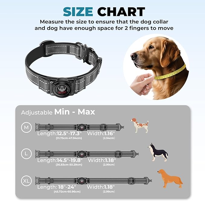 2025 Upgrade Airtag Dog Collar, Reflective Dog Collar with Airtag Holder, IP68 Waterproof| Metal Buckle| Ultra-Durable| Comfortable Padded, GPS Dog Collars for Medium Large Dogs (Black,M)