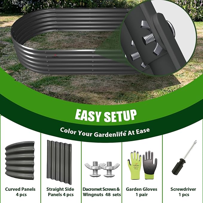A ANLEOLIFE 6X2X1.5 ft Galvanized Raised Garden Beds Outdoor, Oval Round Metal Planter Box for Planting Vegetables Flowers Herb, Anti-Rust & Easy-Setup, Quartz Grey
