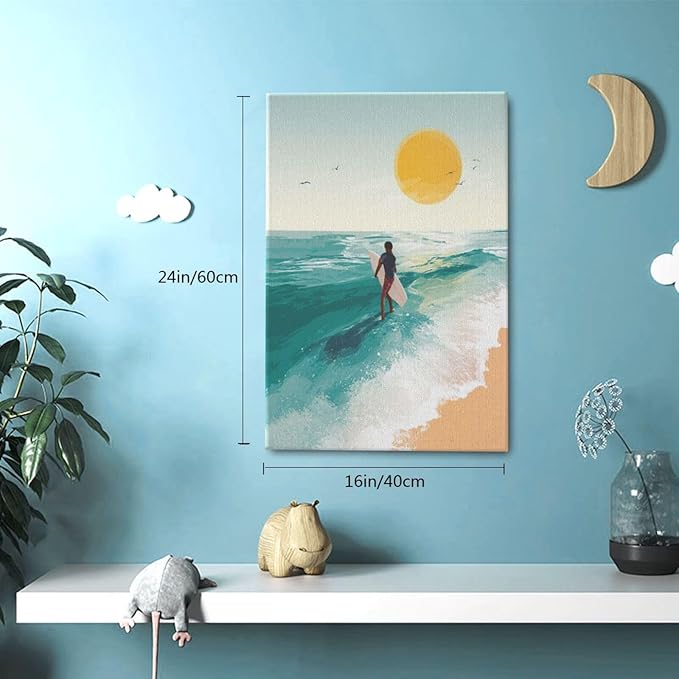 Beach Surfing Wall Art Ocean Coastal Wave Canvas Wall Decor Summer Nature Seascape Pictures Painting Print Framed Artwork Decorations for Bathroom Living Room Office Bedroom 16"x24"