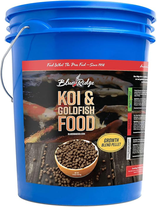 Blue Ridge Koi Fish Food 14lb - Koi Food 3/16” Large and Mini Blend Growth Formula, Goldfish Food, Premium Fish Food for Ponds, Ponds Fish Food, Floating Pond Pellets