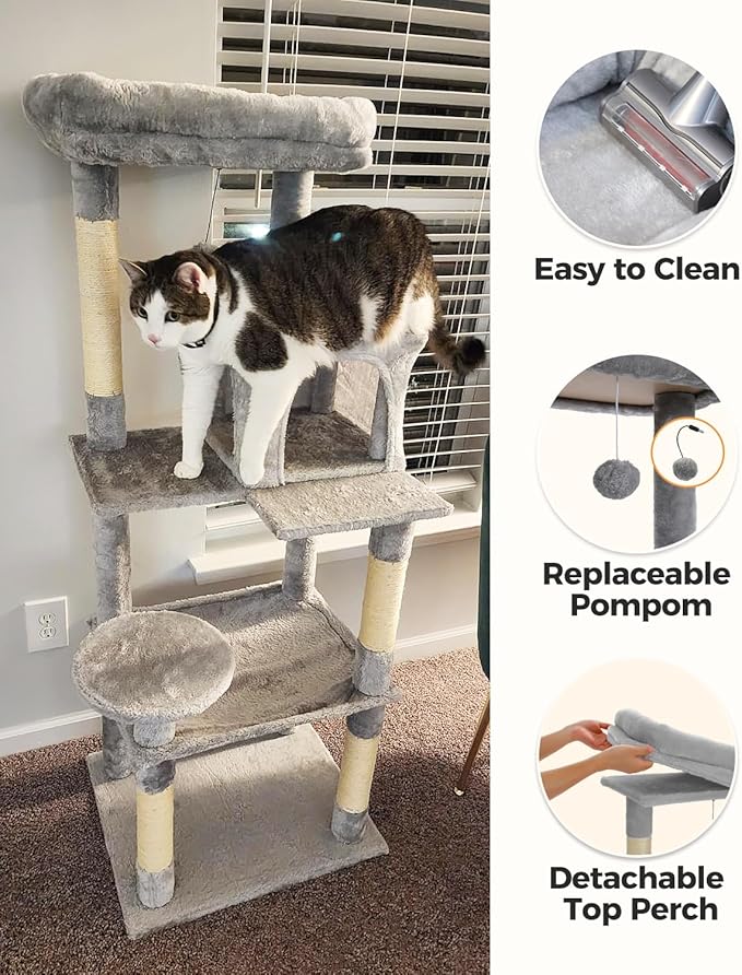 Cat Tree for Large Cats Adult with Metal Plush Big Hammock, 56.3" Cat Tower with 2 Door Condo House, 6-Tier Cat Shelves with Scratching Posts and Large Top Perch, Gray