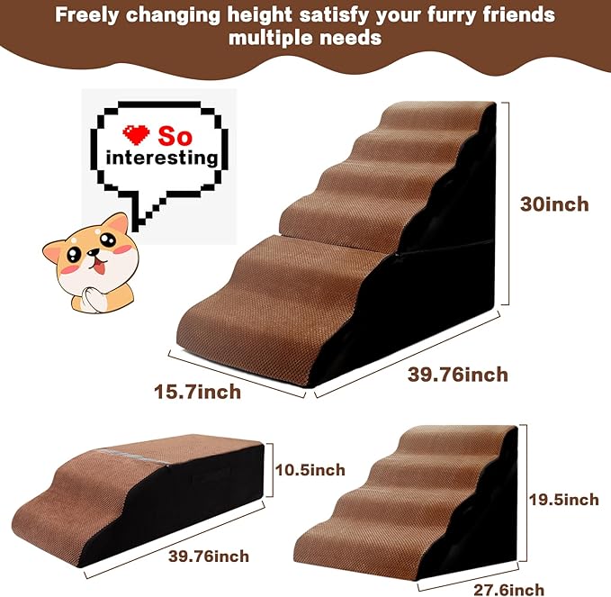 Dog Steps for High Beds 30-32" H - 6-Step Dog Stairs for Small Dogs, 33D Foam Pet Steps for High Bed with Non-Slip Bottom and Washable Cover, Dogs Ramp for Bed Indoor, Brown