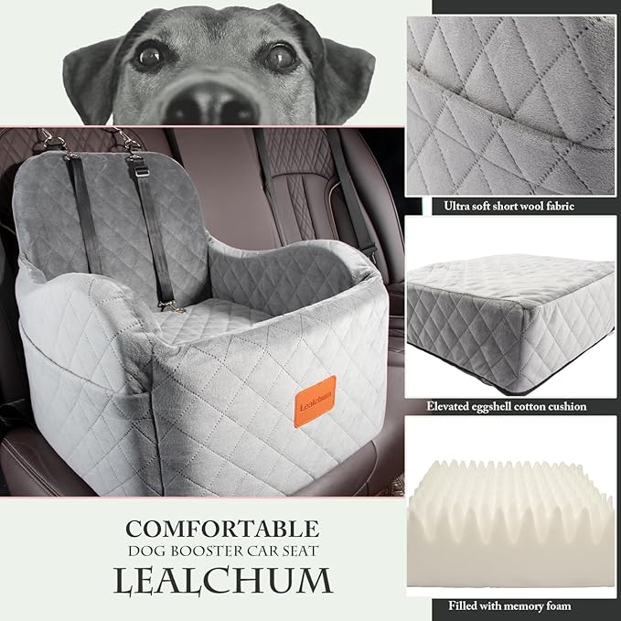 Dog Booster Car Seat for Small/Medium Dogs Up to 35lbs,Ultra Soft Fabric Covered,6in Elevated Cushion,Fully Detachable and Washable,3 Straps & 2 Pockets,Easy to Install(Grey,Medium)