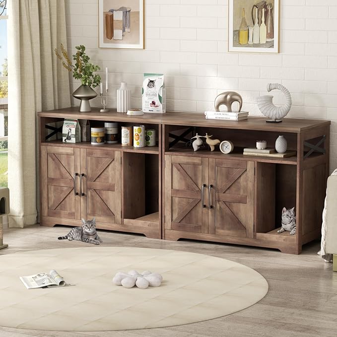 Cat Litter Box Enclosure, Hidden Litter Box Furniture with Scratch Pad, Farmhouse Indoor Cat House Washroom End Table, Retro Brown