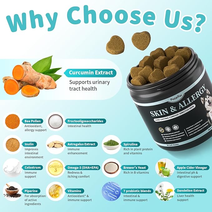 Dog Skin & Allergy Chews - Dog Probiotics for Sensitive Skin Health Support - Allergy Relief - Support Seasonal Allergies, Immune & Gut & Digestive Health Supplement - Chicken Flavor - 90 Count