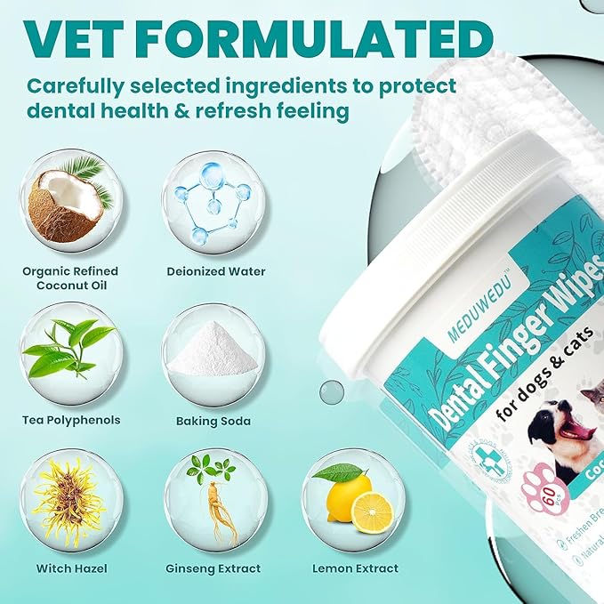 Dental Care Finger Wipes 60 Counts,Teeth Cleaning Finger Wipes for Dogs & Cats,Reduces Plaque & Freshens Breath, Small Animal Stain Removers, Mint Scent