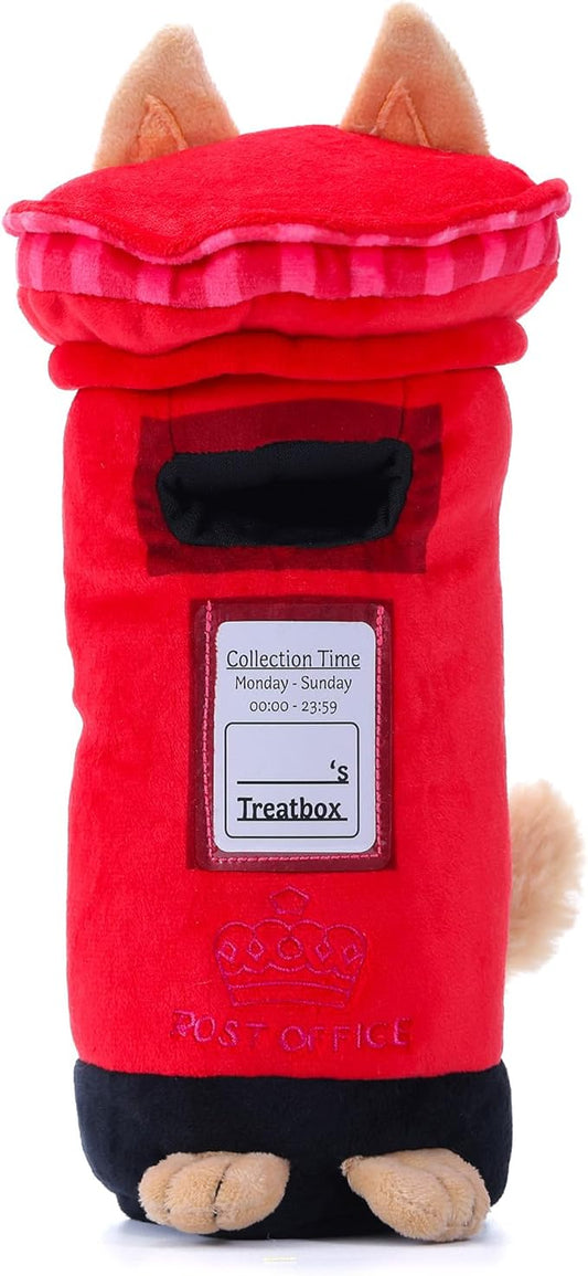 British Postbox Treat-Dispensing Soft Plush Squeaky Pet Toy - Iconic UK Enrichment Gift, Durable Cute & Fun Toy for Interactive Play, Hide Food for Nose-Work Puzzle, Small Medium Dogs