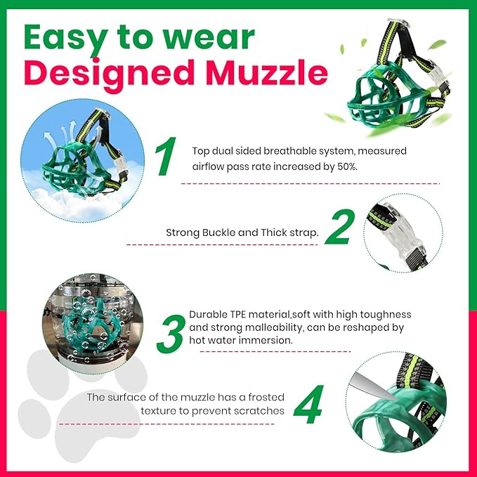 Dog Muzzle, Basket Muzzle for Small Medium Large Dogs, Anti-Biting and Chewing, Lightweight & Sturdy Cage Design, Allows Panting & Drinking, Ideal for Grooming & Training(Green Size M)