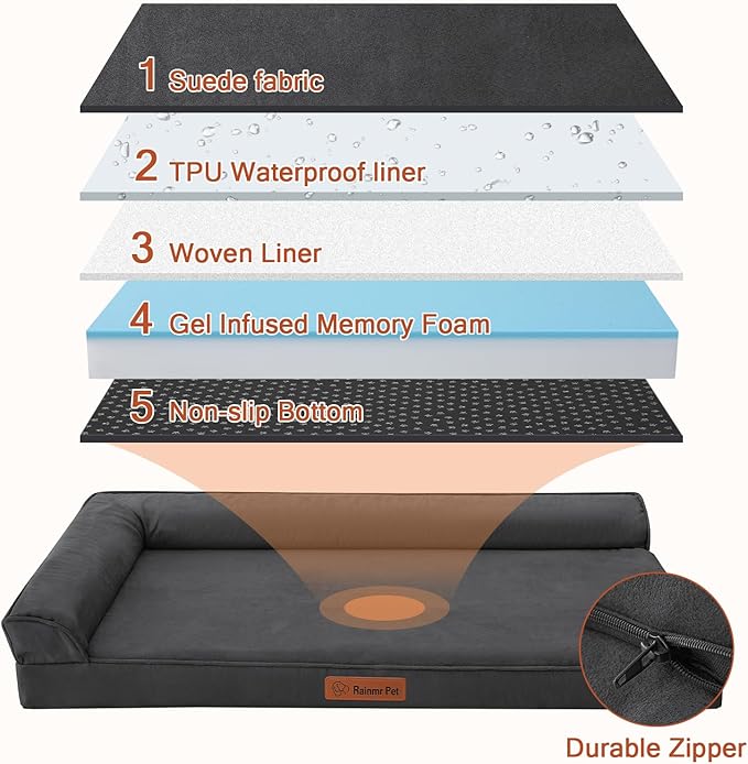 Chew Proof Dog Bed, 3" Memory Foam Dog Bed for Medium and Large Dogs, Removable and Washable Microsuede Cover, Waterproof Liner, Nonskid Bottom, 36x27 Inches L Dark Grey