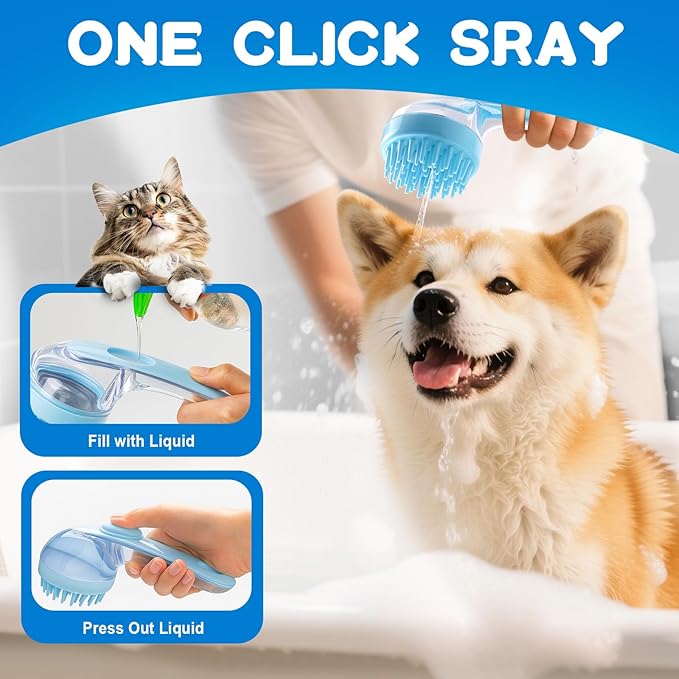 Dog Bath Brush, Silicone Pet Bath Brush with Soap Dispenser,Deep Cleansing & Gentle Massage for Dogs & Cats, Suitable for Long & Short Hair, Easy Grip, Bathing & Grooming(Blue)