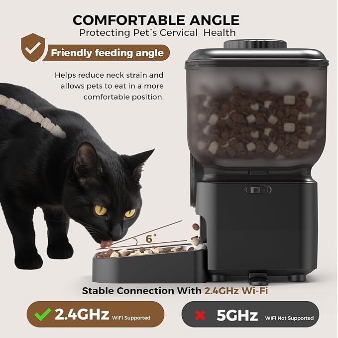 Automatic 6L Cat and Dog Feeder - Pet Feeder with WiFi and Smart Control via App - for Cats and Small Dogs, Auto Timed Food, Stainless Steel Bowl, Dual Powered, 12-Day Battery Life After Power Off