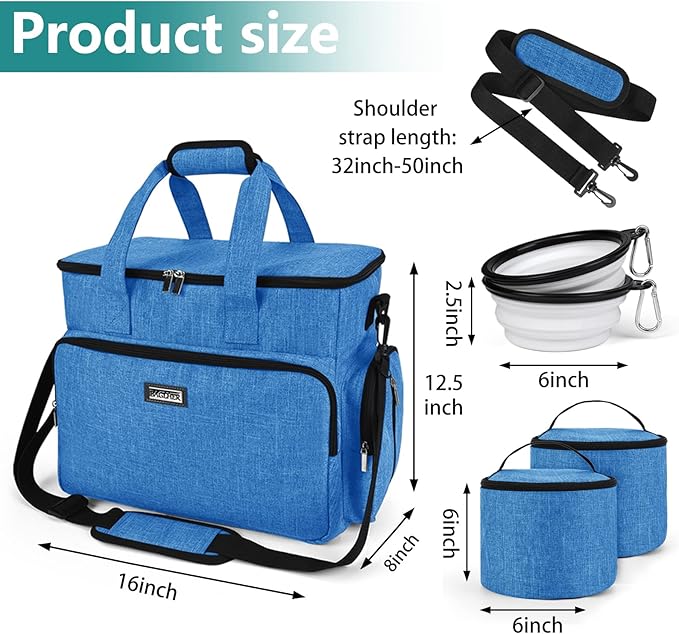 BAGLHER Dog Travel Bag, Pet Travel Bag (ALL Pet Travel Supplies), With 2 Pet Food Containers and 2 Collapsible Silicone Bowls; Essential Kits for Pet Travel Blue