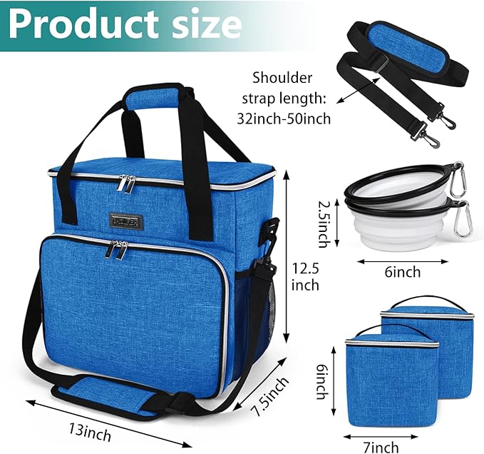BAGLHER Dog Travel Bag, Pet Travel Bag (ALL Pet Travel Supplies), With 2 Pet Food Containers and 2 Collapsible Silicone Bowls; Essential Kits for Pet Travel Blue