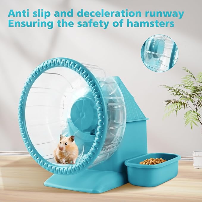4 in 1 Silent Large Hamster Wheel Multifunctional Hamster Running Wheel Quite Running Spinner Wheel Accessories with Food Bowl Water Bottle for Hamsters Dwarf Gerbil (Blue)