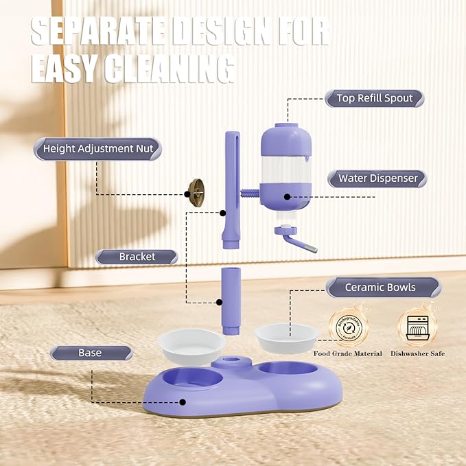 Dog Bowls with Puppy Weaning Bottles,3 in 1 Dog Bowl Set with Water Dispenser and 2 Food Grade Ceramic Bowls for Cats,Bunnies,Ferrets and Small Sized Dogs（Purple）