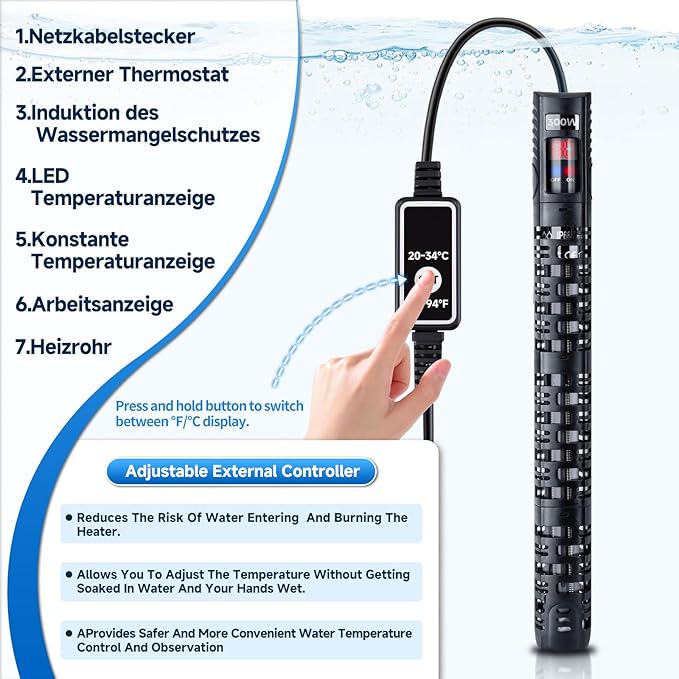 Aquarium Heater Submersible Fish Tank 200W& Turtle Tank Heater with External Adjustment Controller, Included Thermometer, LED Display, Overheat Protection, Detachable Cover, for Saltwater&Freshwater