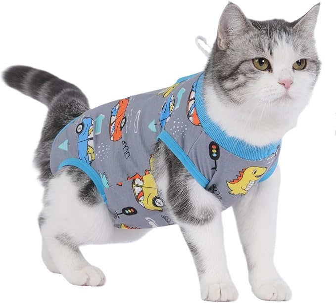 Cat Surgery Recovery Suit Professional for Surgical Abdominal Wound Or Skin Diseases E-Collar Alternative for Cats After Surgery Wear Pajama Suit (Gray, Small)