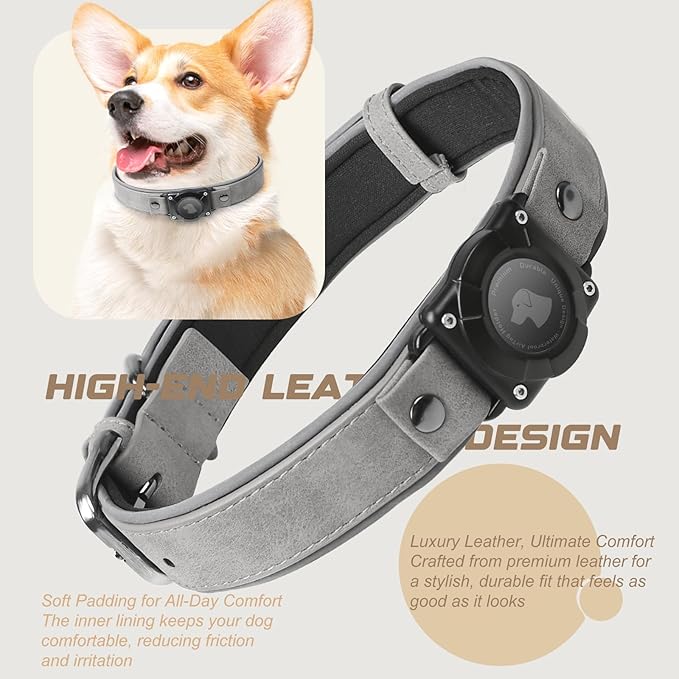AirTag Dog Collar - Leather Dog Collar with Air Tag Holder | IPX8 Waterproof, Reflective, High - End, Adjustable Soft Padded | Dog GPS Tracker Collars Fit for Medium Large Dogs (Grey, M)