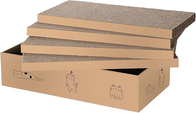 4 Packs in 1 Cat Scratch Pad with Box, Cat Scratcher Cardboard,Reversible,Durable Recyclable Cardboard, Suitable for Cats to Rest, Grind Claws and Play with Scratch Box
