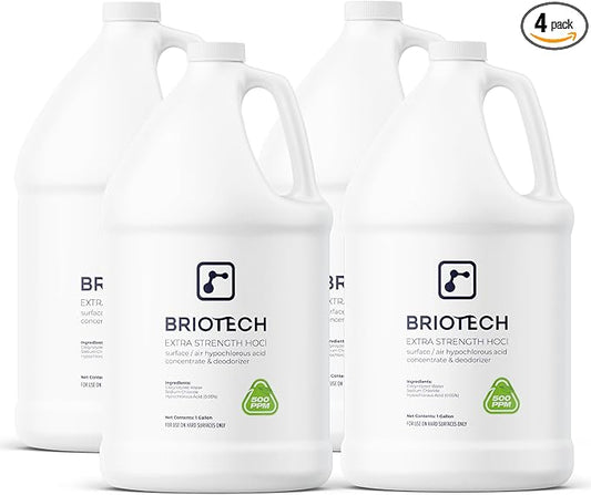 BRIOTECH Extra Strength HOCl Cleaner, 500 PPM Hypochlorous Acid Concentrate, ULV Foggers & Humidifiers, Professional Deodorizer for Dental, Offices, Schools, Homes, Peroxide Free, 1 Gallon (4 Pack)