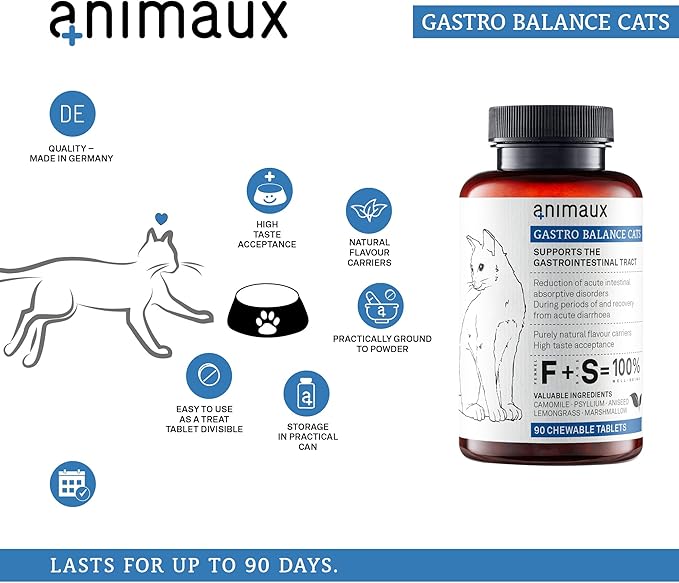 animaux - Gastro Balance for Cats, Supports Gastro-intestinal Tract, Prevents Diarrhoea, Constipation, Hairballs & Flatulence, supplementary probiotics, 90 chewable Tablets, 90 Days Supply