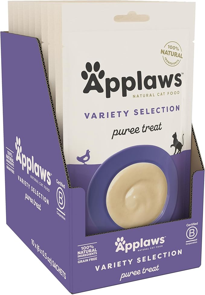 Applaws Lickable Cat Treats, Natural Grain-Free Purée, Limited Ingredient, Variety of Chicken, Tuna, & Salmon Squeeze Up Cat Treats (60 x 0.5 oz Sachets)