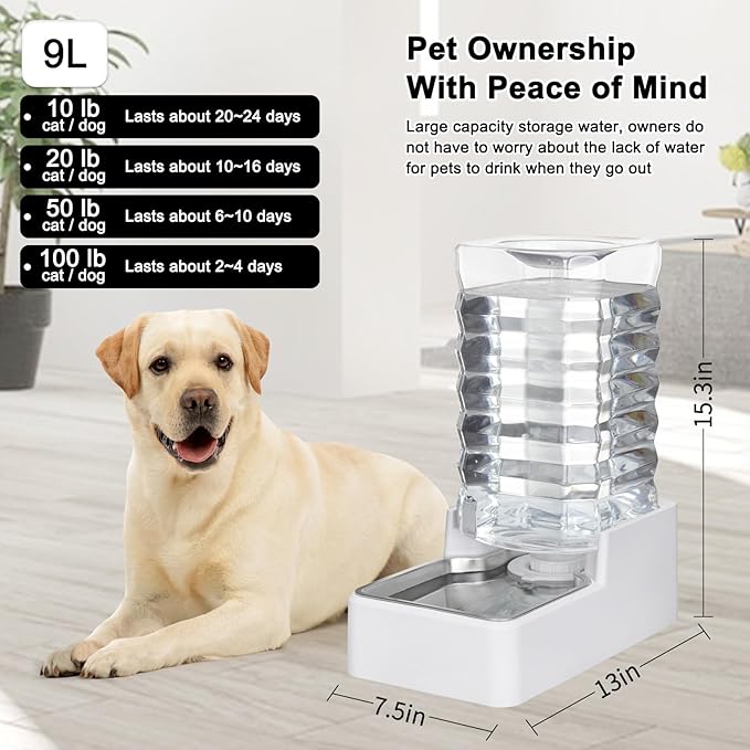 Automatic Dog Water Dispenser: White 9L Stainless Steel Gravity Feeder - BPA-Free Large Capacity for Pets