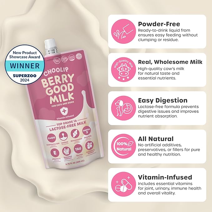 Berry Good Milk is a Lactose-Free, Vitamin-Infused Drink for Cats and Dogs. It Supports Urinary Health, Digestion, and Joint Function. Free from antibiotics, Grains, and Gluten.