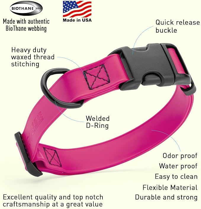 Dogline Biothane Waterproof Dog Collar with Quick Release Buckle Strong Coated Nylon Webbing with Odor- Proof for Easy Care Easy to Clean Fits Small Medium Large Dogs, Magenta Pink 3/4" W 12-19" L