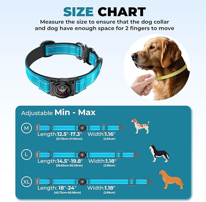 2025 Upgrade Airtag Dog Collar, Reflective Dog Collar with Airtag Holder, IP68 Waterproof| Metal Buckle| Ultra-Durable| Comfortable Padded, GPS Dog Collars for Medium Large Dogs (Blue,L)