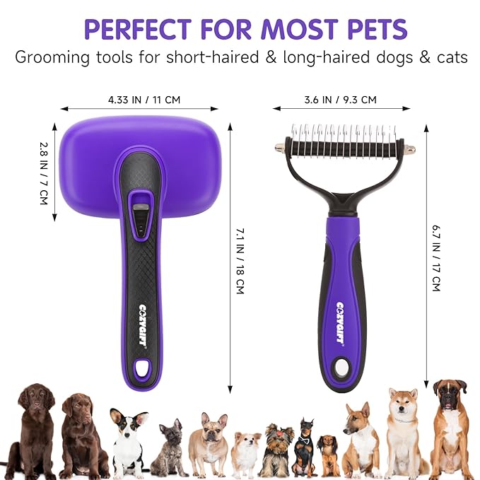 Dog Brush Kit – 3 PCS Grooming Set with Self-Cleaning Brush, Undercoat Rake & Pet Bath Brush. Great for Shedding, Tangles & Dirt Removal – Ideal for Long & Short Haired Dogs & Cats, Purple