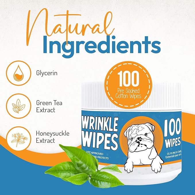 Bulldog Wrinkle Wipes for Dogs – Deodorizing & Soothing with Honeysuckle Extract – Non-Irritating, Cleans Wrinkles, Folds, Paws & Tail Pockets – for Bulldogs, Pugs & Frenchies (100 Count)