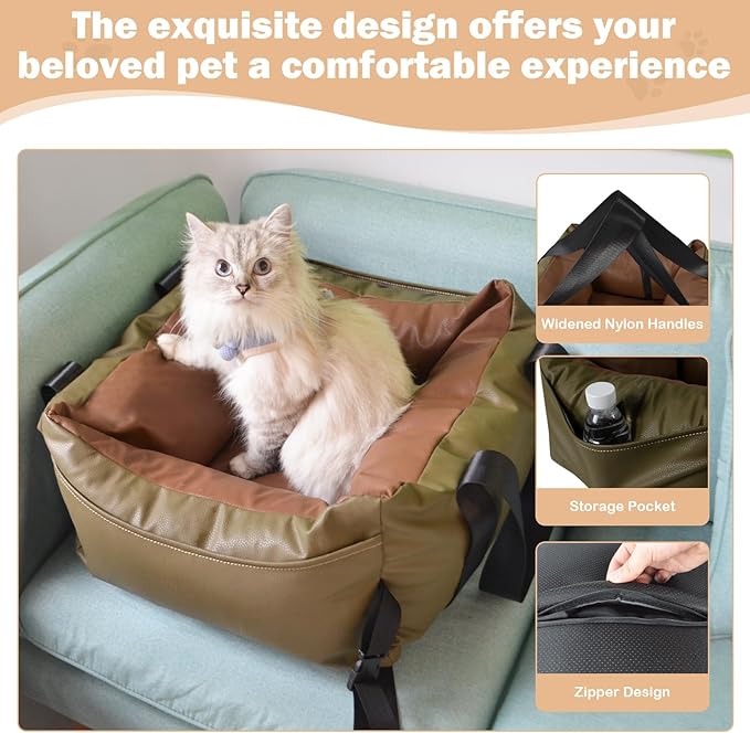 Dog Car Seat for Small Dogs, Large Leather Dog Car Bed with Storage Pocket, Waterproof PVC Leather Booster Seat Travel Bed for Front & Back Seat, Clip-On Safety Leash (Green/Brown)