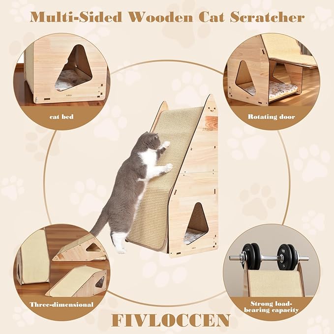 32in Cat Scratching Posts for Indoor Cats: Replaceable Sisal Mats & Sturdy 3D Wood Frame, Integrated Cat Condo, Hideout, Tunnel, All-in-One Space Saver for Multi-Cat & Budget-Friendly Homes