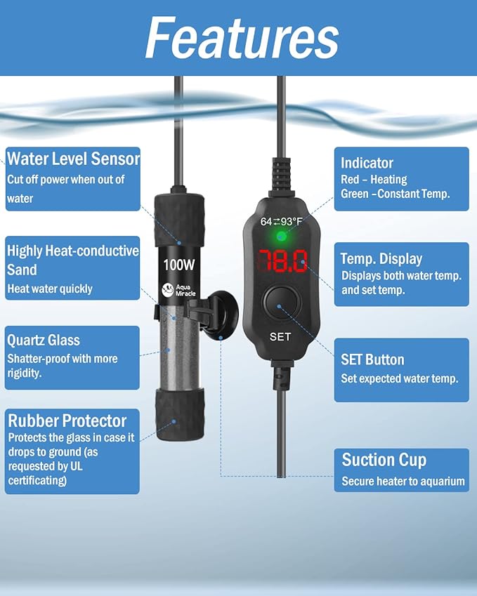 AquaMiracle Adjustable 100W Aquarium Heater Submersible Fish Tank Heater Super Short Aquarium Heater with LED Digital Display Thermostat, for Tanks 10-20 Gallons