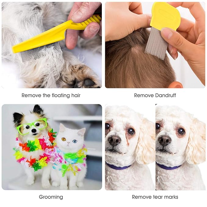 Cat & Dog Comb Set - Fine Tooth Grooming Comb for Dandruff & Hair Removal (Yellow)