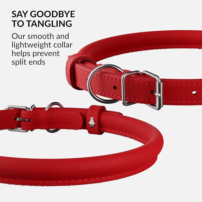 CollarDirect Rolled Leather Dog Collar, Soft Padded Round Puppy Collar, Handmade Genuine Leather Collar Dog Small Large Cat Collars 13 Colors (6-7 Inch, Red Smooth)