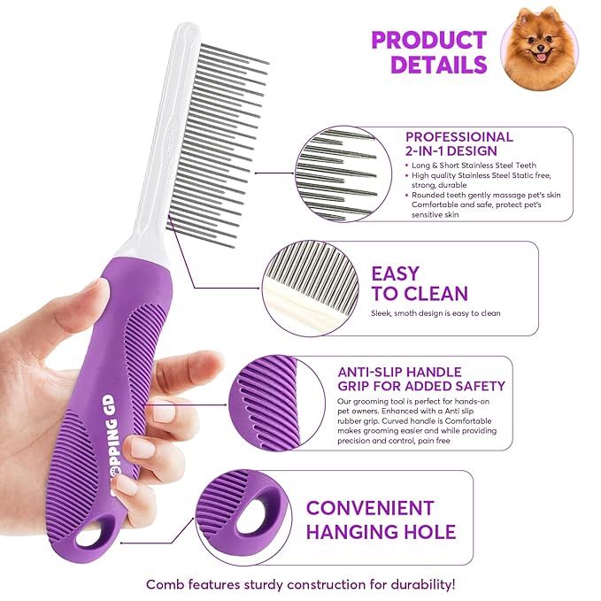Detangling Pet Comb for Dogs & Cats with Long & Short Stainless Steel Metal Teeth for Removes Tangles and Knots - Detangler Grooming Tool for Dematting Matted Fur.