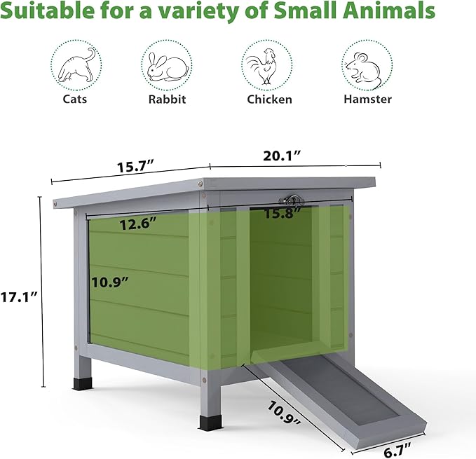 Coziwow Rabbit Hutch, Outdoor Cat House Weatherproof, Bunny Cage Indoor with Openable, Portable Small Animals Shelters with Nonslip Ramp for Hideout Rabbits/Feral Cats/Chicken/Duck/Small Animals-Gray