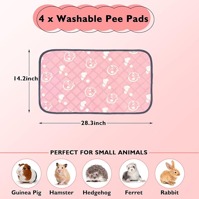 4 Pack Guinea Pig Bedding - Washable Guinea Pig Liners for C&C 2x1 Cage, Waterproof Reusable & Anti Slip Pee Pads Super Absorbent Mats for Small Animal Rabbit Hamster Rat (Pink, 28 x 14 Inch)