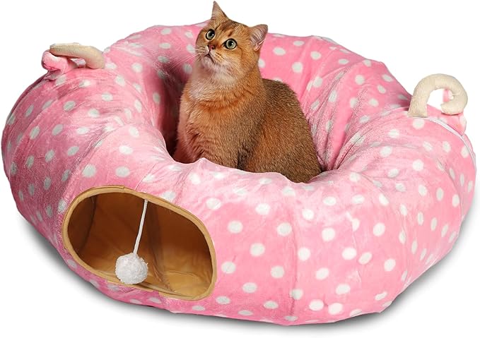 AUOON Cute Cat Donut Tunnel - Round Cat Tunnel Bed with Washable Cushion Interactive Cat Toy for Indoor Cats Kitten Kitty Puppy Rabbit Ferret (Pink)