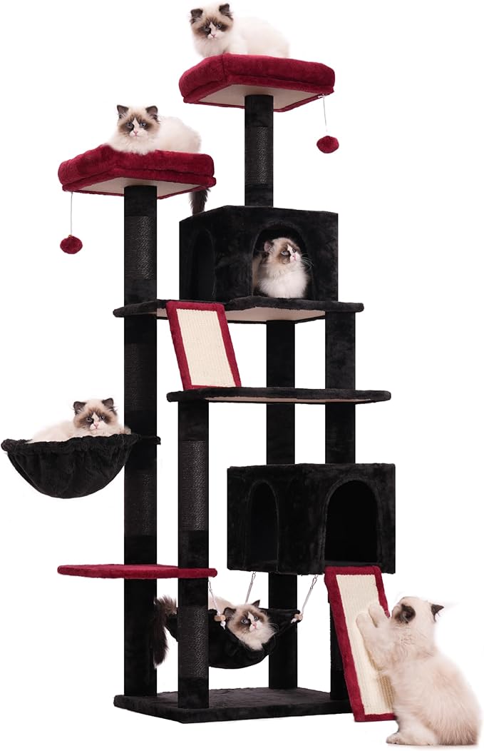 Cat Tree for Indoor Cats, 71'' (180cm) Multi-Level Cat Tower for Large Adult, Gothic Sturdy Cat Tree House with 2 Scratching Boards 7 Posts, 2 Plush Perches/Condos, Hammock, Black GCT032BR